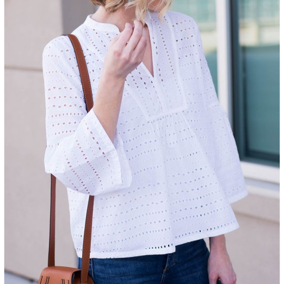 Ann Taylor LOFT White Eyelet Peasant Blouse Sz S Long Bell Sleeves V-Neck Top - Picture 1 of 6